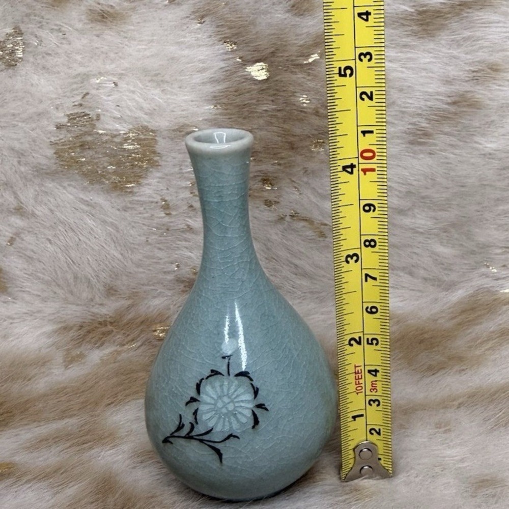 Vintage Mini 4.5" Korean Celadon Green Ceramic Vase With a Floral Design Rare